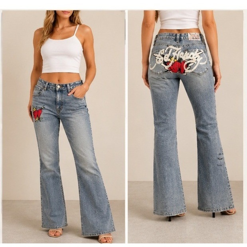Ed Hardy Flare Jeans Women 32 Y2K Tattoo Core Graphic Heart Embroidered Blue